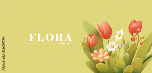 Flora, 3D realistic spring flowers, tulips, daisies, leaves, grass. Realistic image of flowers for celebration concepts, and spring concepts. Vector