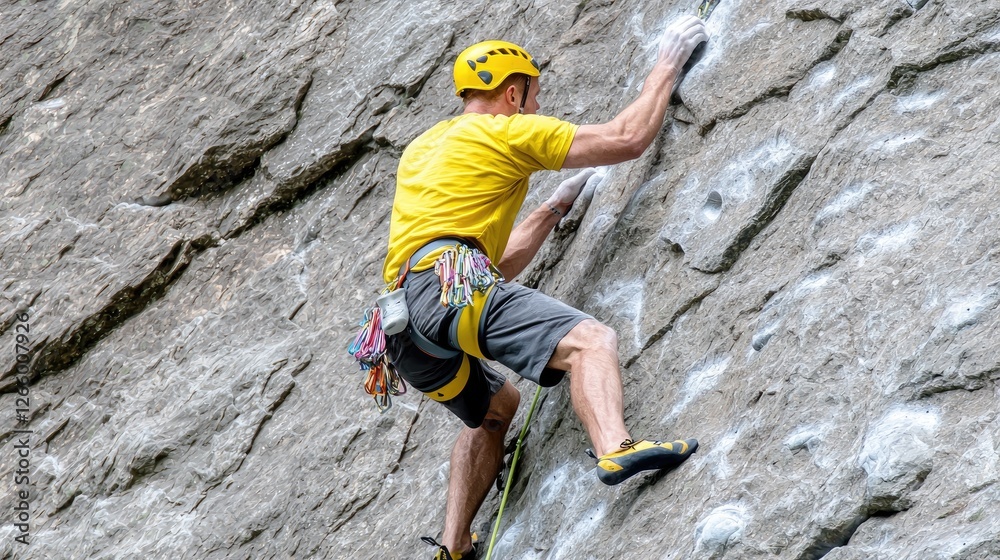 Climber ascends rock face in mountain Climber ascends rock face in mountain