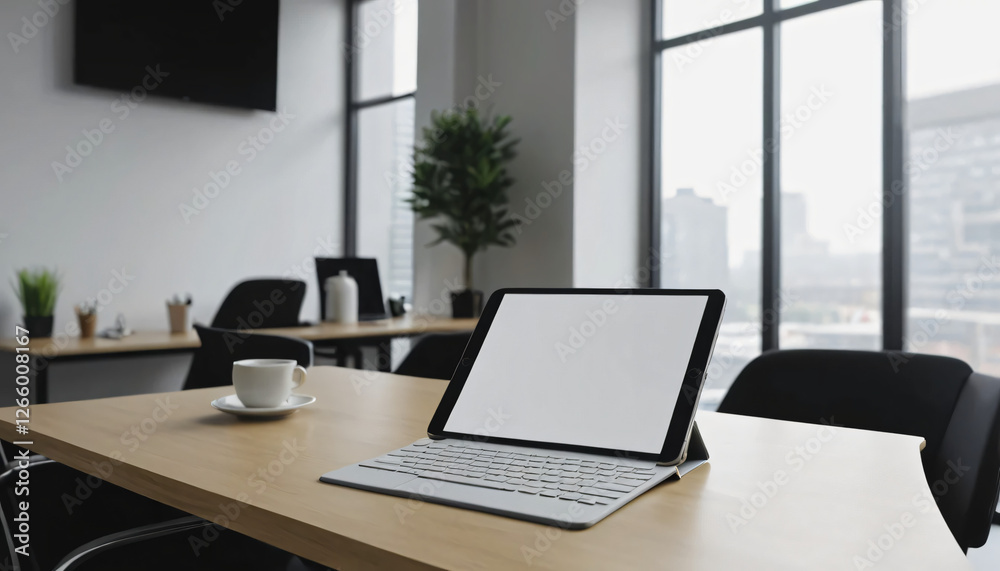 Office workspace with laptop mockup for remote work and business Office workspace with laptop mockup for remote work and business