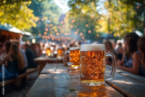 Large beer mugs sit on a wooden table at a crowded outdoor beer garden or festival