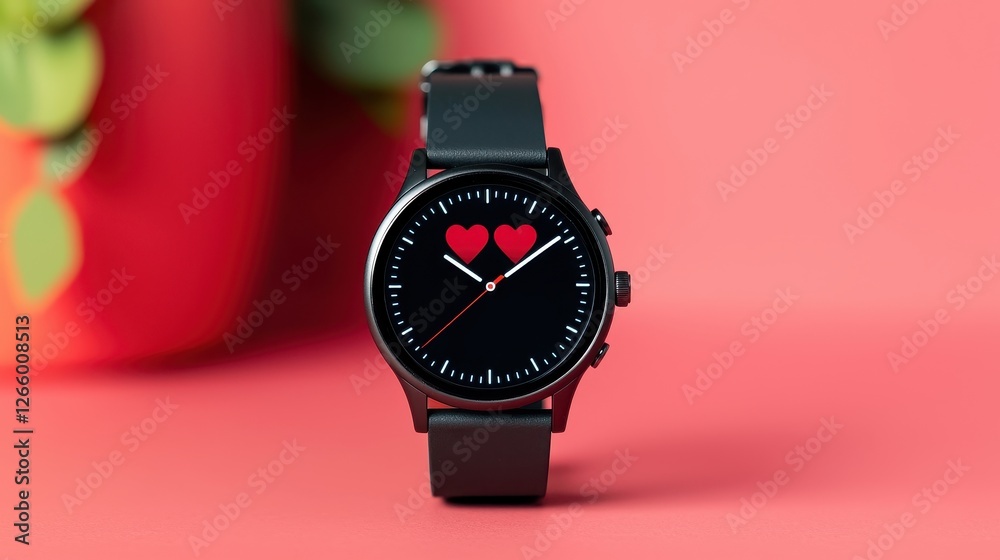 A sleek black watch with a minimalist design, featuring a playful heart motif on the face, set against a vibrant coral background. A sleek black watch with a minimalist design, featuring a playful heart motif on the face, set against a vibrant coral background.
