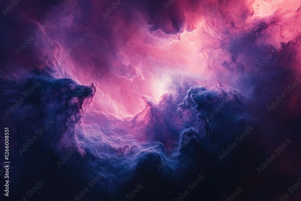 Fototapeta premium A vibrant nebula swirls in deep space, showcasing a breathtaking cosmic ballet of purple and pink hues.