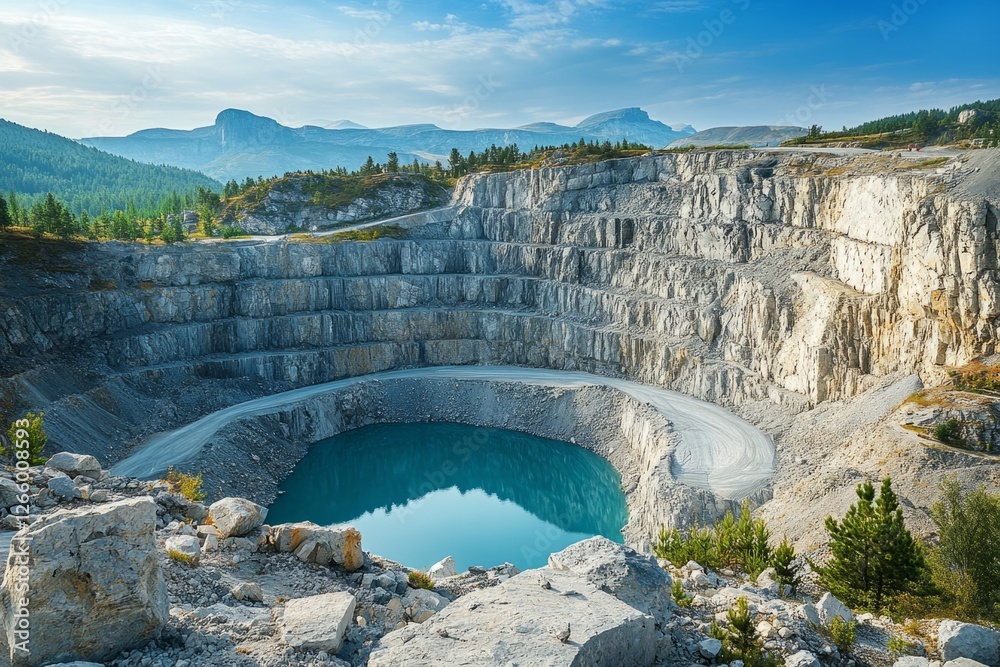 Open pit mine showing its turquoise water and reflecting the sky in a sunny day Open pit mine showing its turquoise water and reflecting the sky in a sunny day