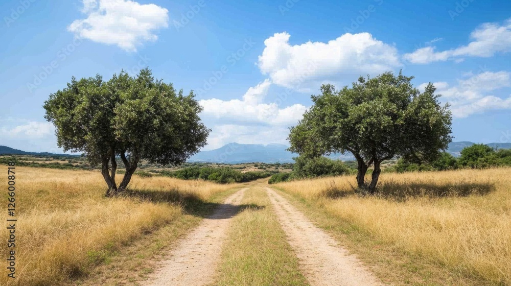 Country Road Through Golden Grassy Field Under Sunny Sky Country Road Through Golden Grassy Field Under Sunny Sky