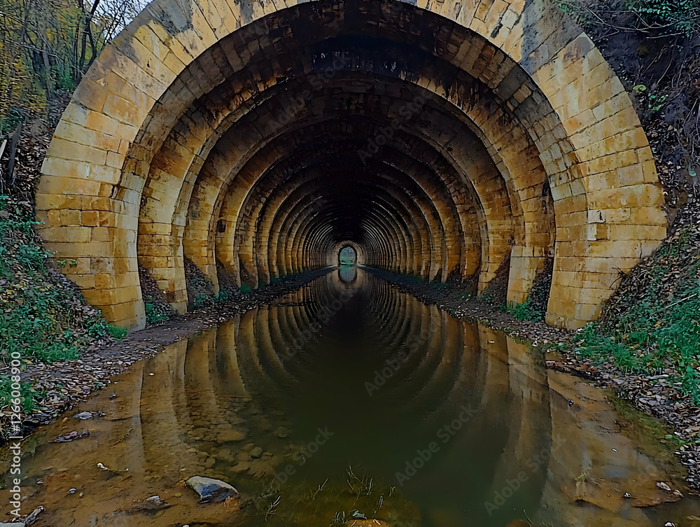 Naklejka premium Stone tunnel reflection autumn