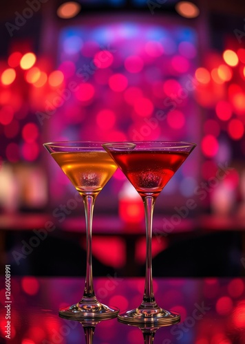 Two martini glasses in front of red bokeh background luxury cocktail drink in restaurant bar with night lights blur bokeh red bokeh abstract background glow design light texture effect sparkle