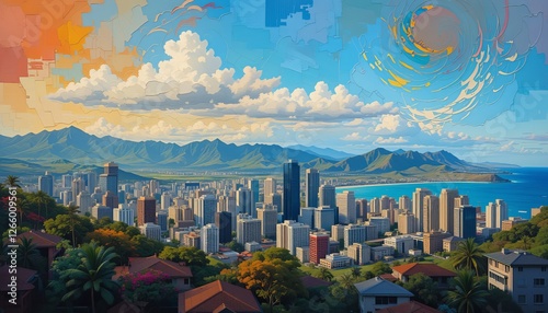 Honolulu, Hawaii City Skyline abstract painting 