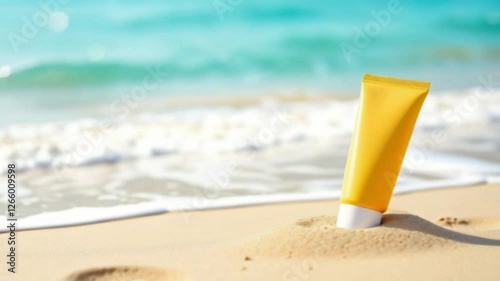 sunscreen tube on sand near the ocean, concept of sun protection and summer skincare