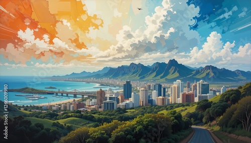 Honolulu, Hawaii City Skyline abstract painting 