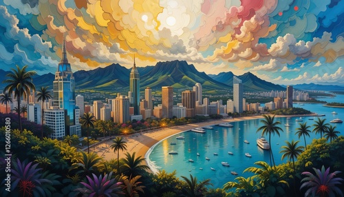 Honolulu, Hawaii City Skyline abstract painting 