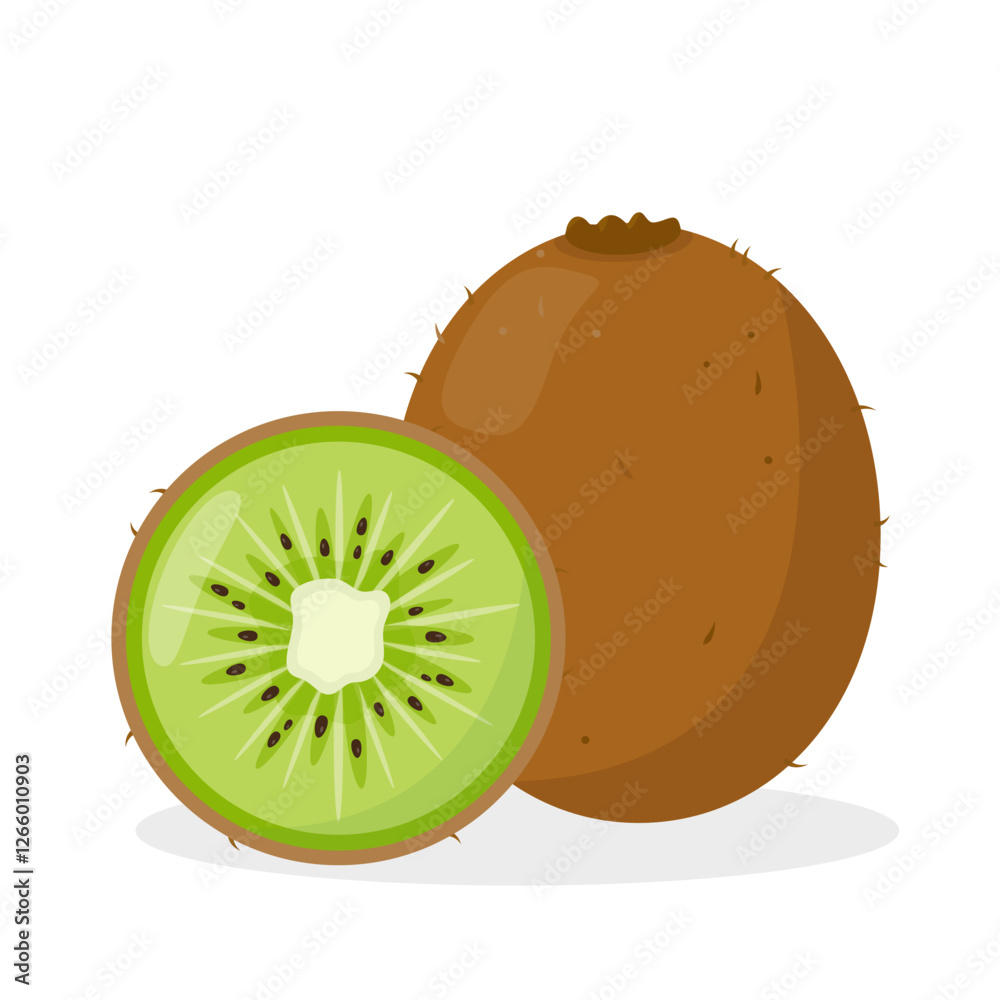 Obraz premium Fresh Kiwi icon. Whole tropical fruit kiwi and slice. Organic fruit for juice, smoothie or vitamin healthy food. Vector illustration isolated on white background.