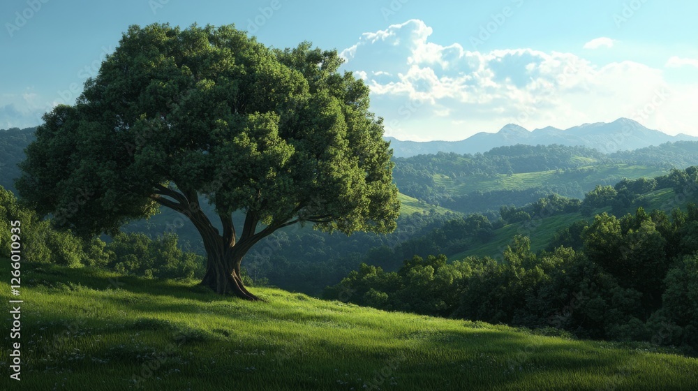 Lush green tree on a hilltop meadow overlooking mountains. Scenic nature landscape. Suitable for backgrounds, wallpapers, etc Lush green tree on a hilltop meadow overlooking mountains. Scenic nature landscape. Suitable for backgrounds, wallpapers, etc