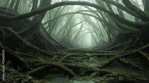 Misty forest root tunnel, mysterious path, atmospheric