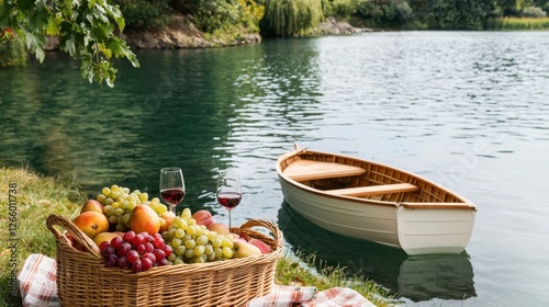 A serene lakeside scene featuring a picnic basket filled with fruits, two glasses of red wine, and a small boat resting by the calm water.
