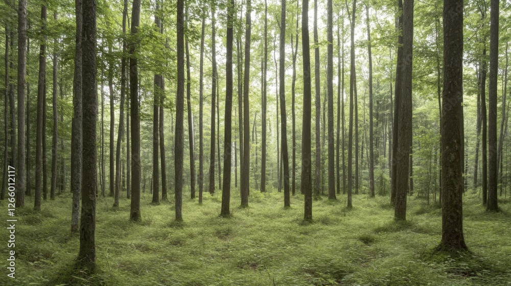 Misty Forest Floor, Tall Trees, Peaceful Scenery, Outdoor Setting, Nature Photography Misty Forest Floor, Tall Trees, Peaceful Scenery, Outdoor Setting, Nature Photography