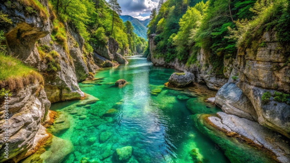 Crystal-clear river winding through a deep green canyon Crystal-clear river winding through a deep green canyon