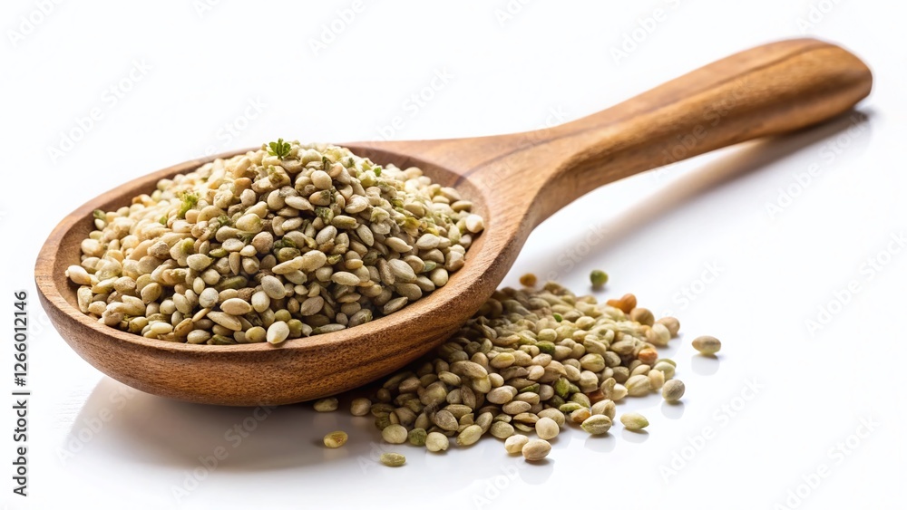 Overhead Shot of Hemp Seeds: Shelled & Peeled on Wooden Spoon, Isolated White Background Overhead Shot of Hemp Seeds: Shelled & Peeled on Wooden Spoon, Isolated White Background