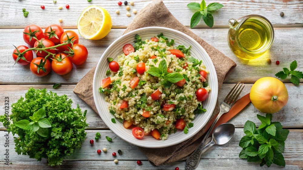 Overhead Shot of Refreshing Tabbouleh Salad on Rustic White Wood Overhead Shot of Refreshing Tabbouleh Salad on Rustic White Wood