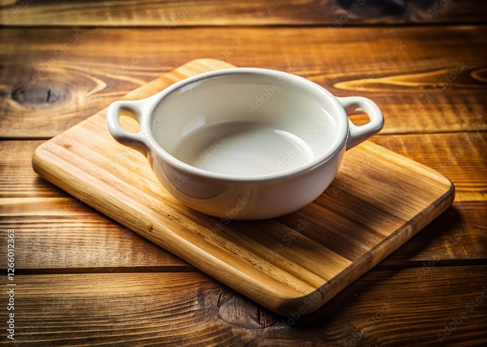 Overhead Shot: Small White Bowl with Handles on Wooden Cutting Board Overhead Shot: Small White Bowl with Handles on Wooden Cutting Board