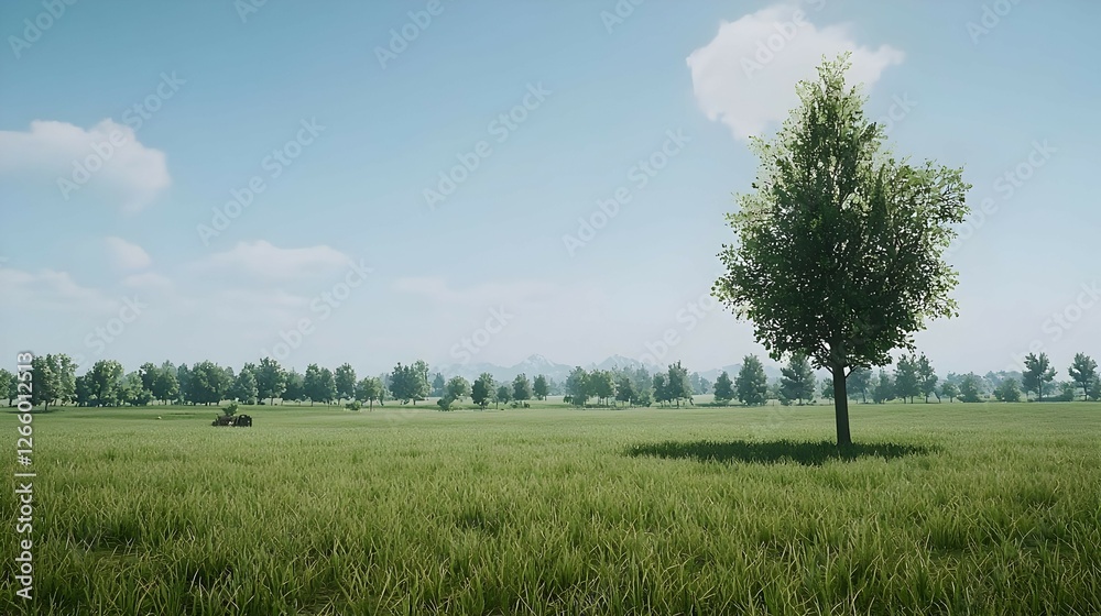 Green Grassy Field With Lone Tree Under Sunny Blue Sky Green Grassy Field With Lone Tree Under Sunny Blue Sky