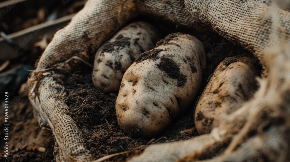 A close-up of freshly harvested large sweet potatoes, their earthy texture covered in soil, placed on a burlap sack in a rustic farm setting. A close-up of freshly harvested large sweet potatoes, their earthy texture covered in soil, placed on a burlap sack in a rustic farm setting.