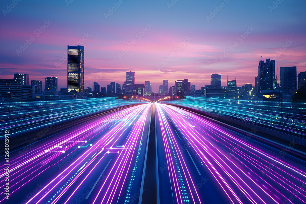 Fototapeta premium City highway at sunset, data streams. Technology, future, progress