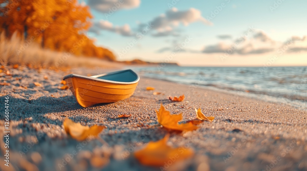 Autumn sunset, sandy beach, small boat, fall leaves Autumn sunset, sandy beach, small boat, fall leaves