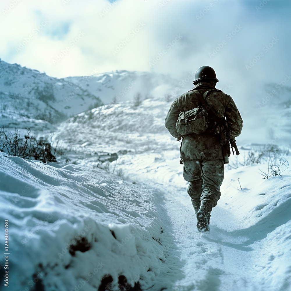 Naklejka premium WWII soldier trudging through snowy battlefield in horizontal image