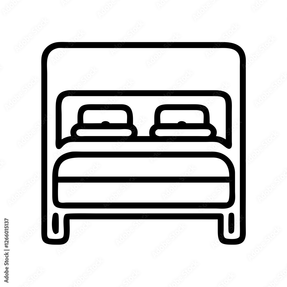 Hotel room double bed minimalistic vector icon,  plump pillows, simple headboard
