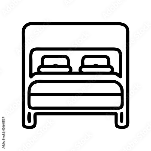 Hotel room double bed minimalistic vector icon,  plump pillows, simple headboard