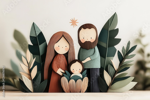 Whimsical wooden nativity scene with Mary, Joseph, and baby Jesus in a warm festive setting