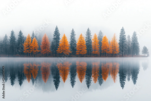 Serene autumn lake with misty atmosphere and vibrant orange trees reflecting in the water
