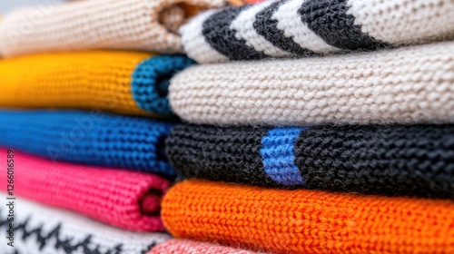 Colorful knitted sweaters stacked, closeup texture. Lifestyle photography