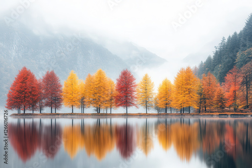 Autumn trees with colorful leaves reflected in a calm lake, misty mountain landscape
