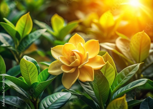 Panoramic Golden Gardenia Blossom - Lush Summer Garden
