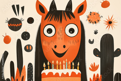 Playful illustration of a smiling horse with a birthday cake surrounded by whimsical elements in a folk art style