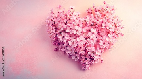heart shape made of pink cherry blossoms on a pastel background, symbolizing love and romance for Valentine's Day or Mother's Day greeting cards. Copy space.