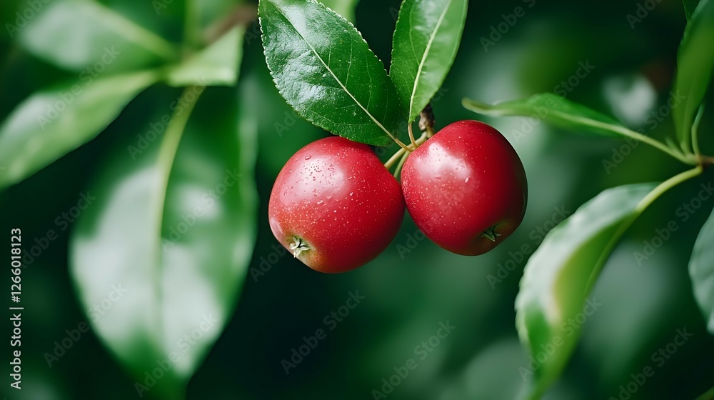 Obraz premium Two Ripe Red Apples on a Branch with Green Leaves