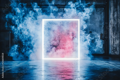Empty Industrial Space Lit by Neon Rectangular Frame photo