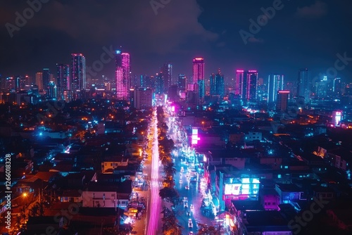 Wallpaper Mural Neon-lit cityscape at night, vibrant buildings and streets, aerial view. Torontodigital.ca