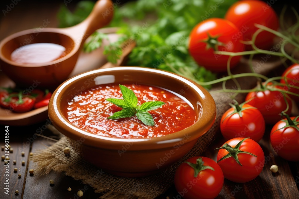 Tomato ketchup in a bowl with seasonings and cherry tomatoes close up Tomato ketchup in a bowl with seasonings and cherry tomatoes close up