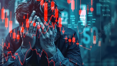 Worried unhappy businessman, loser. Charts and data, stock or forex trader losing money. Wall Street trading