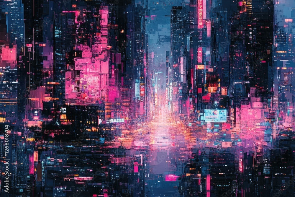Fototapeta premium A vibrant, futuristic cityscape at night, depicted in a digital art style with neon lights and towering buildings.