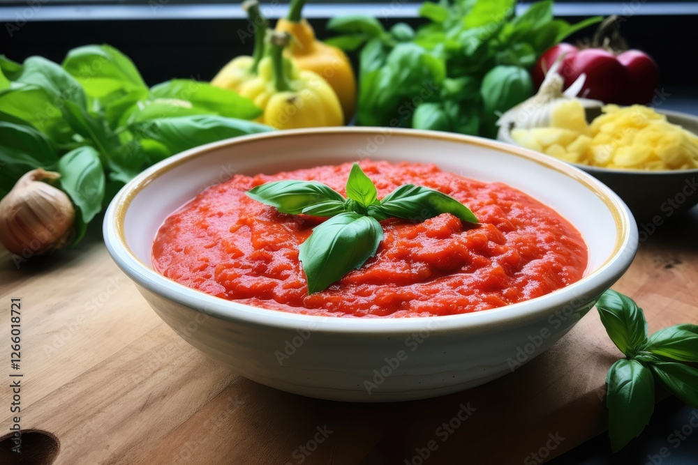 Tomato Passata made at home served in a white bowl with basil Tomato Passata made at home served in a white bowl with basil