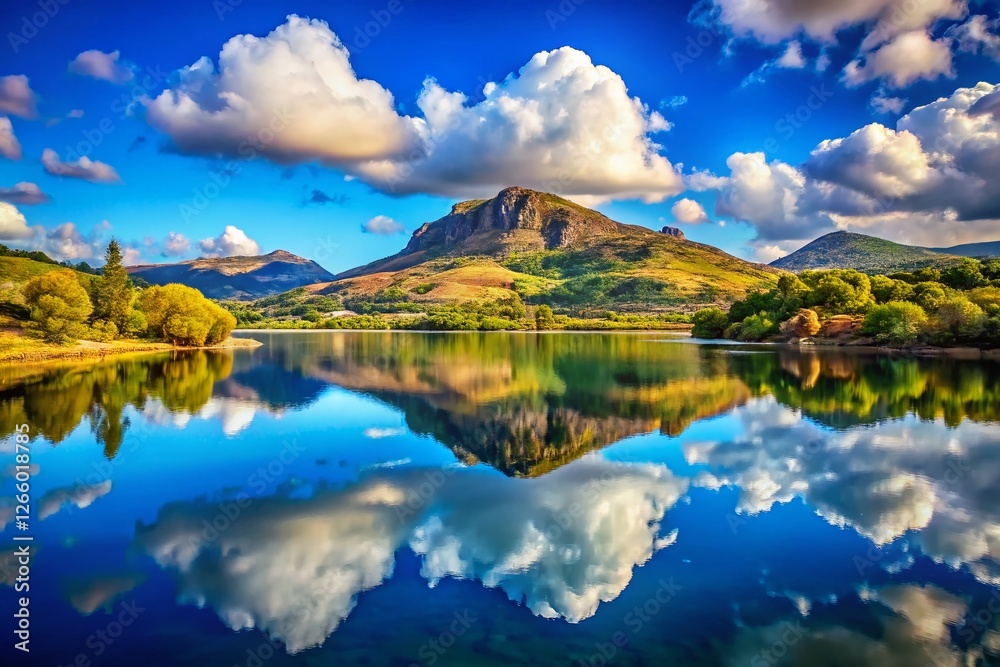 Fototapeta premium Panoramic Nebrodi Park Sicily: Blue Mountain Lake Reflection