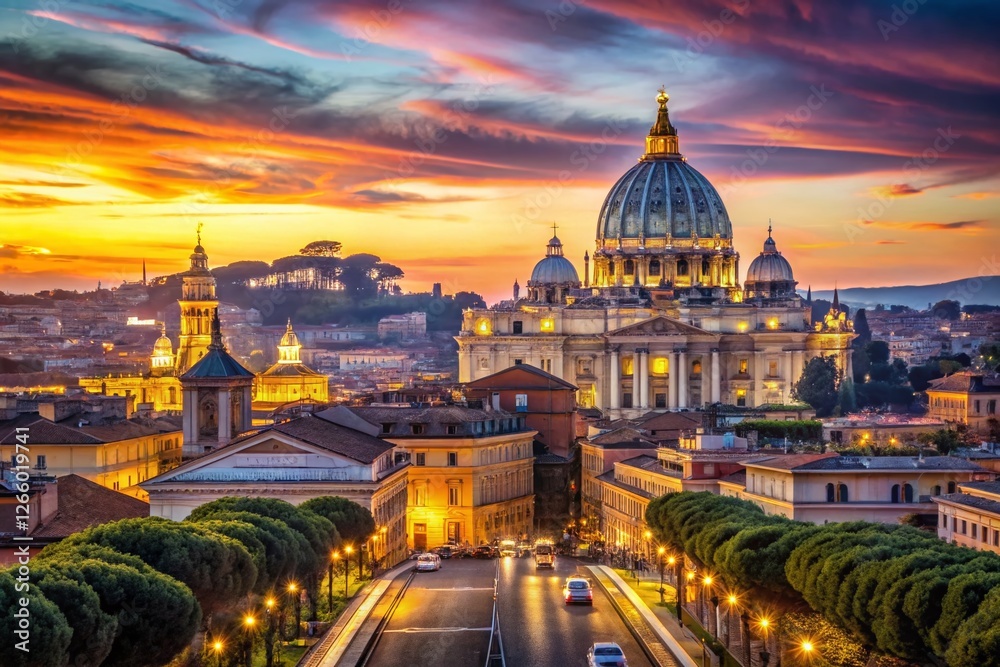 Fototapeta premium Panoramic Rome Skyline at Dusk: St. Peter's Basilica Long Exposure
