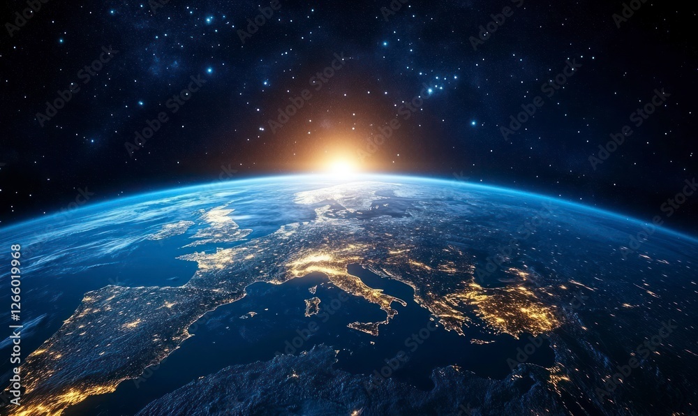 Obraz premium view of the Earth from space, showing it with lights glowing in Europe and Africa at night. The planet is seen against the black sky. 