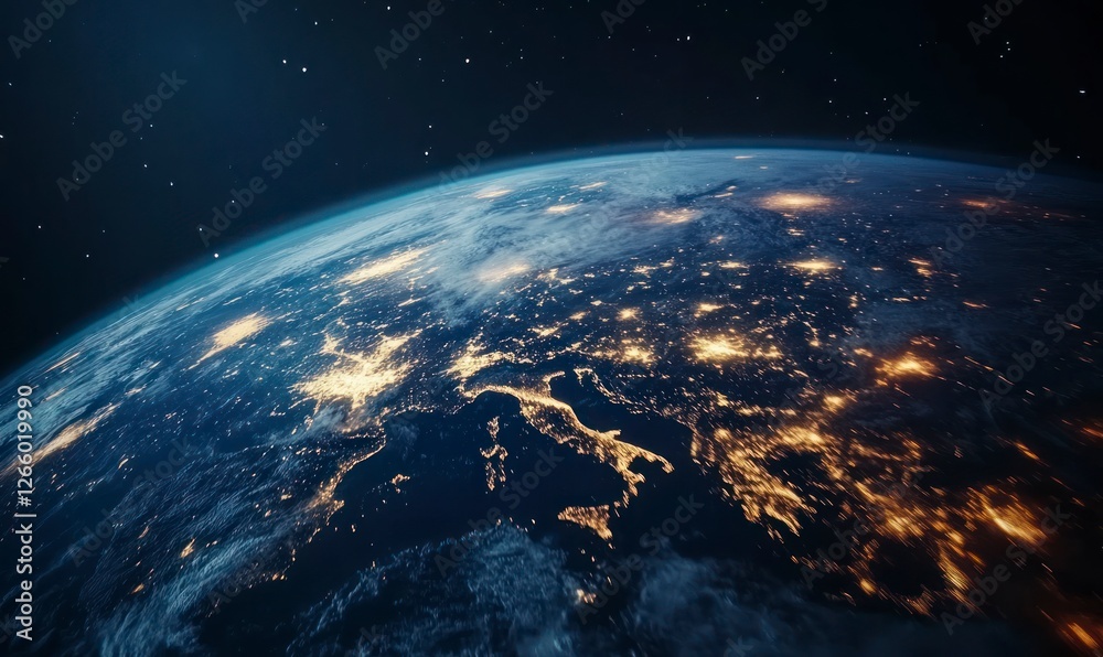 Obraz premium view of the Earth from space, showing it with lights glowing in Europe and Africa at night. The planet is seen against the black sky. 