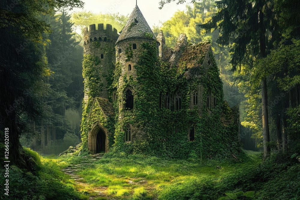 A ruined medieval castle covered in ivy and moss, hidden in a dense enchanted forest A ruined medieval castle covered in ivy and moss, hidden in a dense enchanted forest