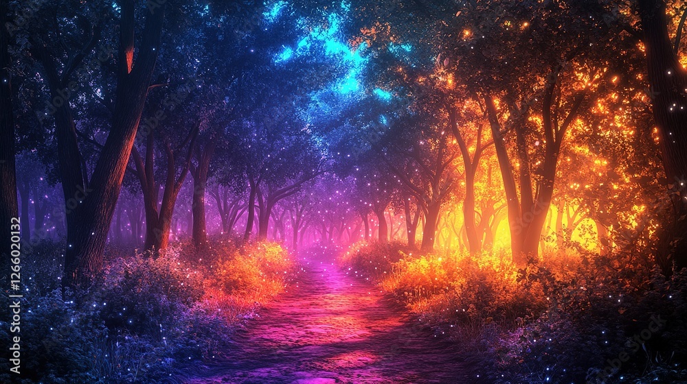 Enchanting forest trail at dusk a magical nature landscape vivid colors and dreamy atmosphere